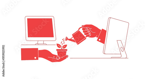 Hands watering plant between two computers for business growth