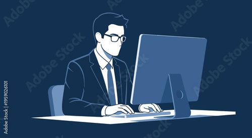 Focused businessman typing at computer in a dark professional office
