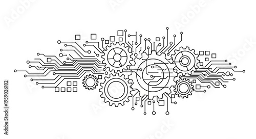 Gears and circuit board technology abstract line art illustration