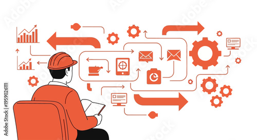 Engineer analyzing workflow process diagram with various icons