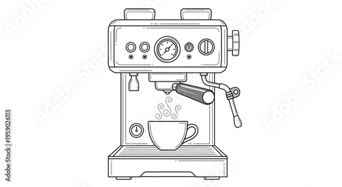Espresso machine brewing coffee with steaming cup line art