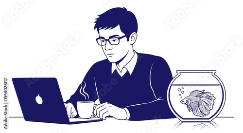 Focused man working on laptop with fishbowl and coffee cup