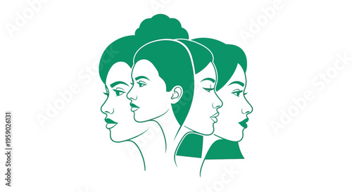 Diverse women's faces in minimalist green line art profile