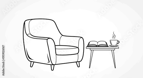 Cozy armchair with book and steaming coffee cup illustration
