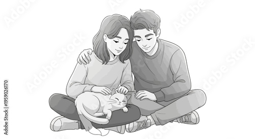 Couple petting cat sitting on floor together at home