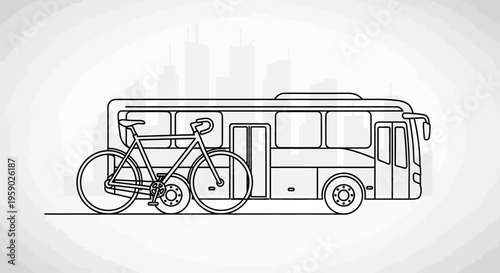 City bus and bicycle outline illustration for public transport