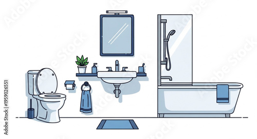 Modern Bathroom Interior Design with Toilet, Sink, and Bathtub.