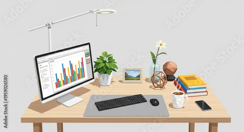 Modern workspace setup with computer, plant, and desk lamp.