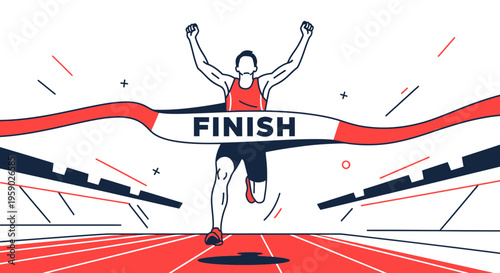 Athlete Reaches Finish Line Vector Illustration Depicting Sporting Success And Victory