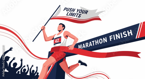 Athlete Reaches Marathon Finish Line, Celebrating Victory with a Flag and a Red Ribbon