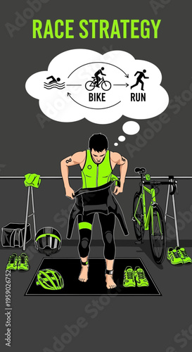 Athlete's Transition: Triathlon Race Preparation Depicting Swim, Bike, And Run Phases With Gear