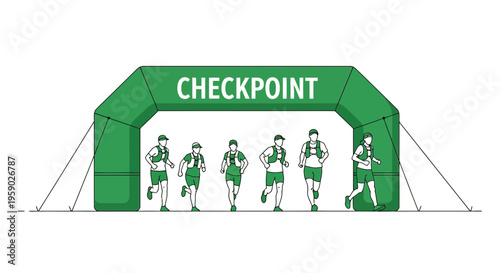 Athletes Approaching Checkpoint During Endurance Race With Green Archway Illustration