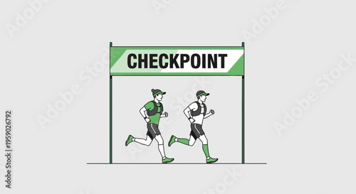 Athletes Approaching Checkpoint During Endurance Race With Green Banner And Minimalist Design