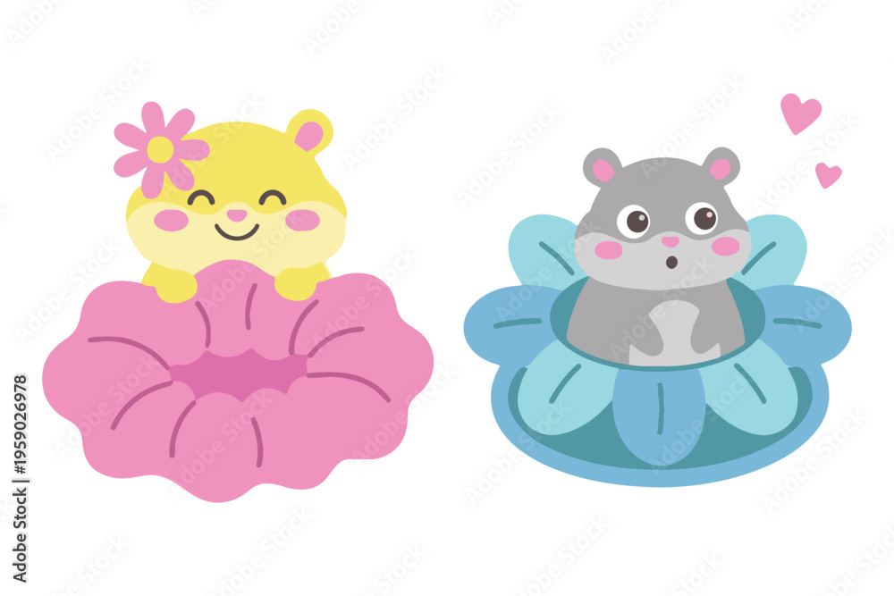 Obraz premium Cute Hamster Peeking from Flowers Clipart, Adorable Pet Character in Pink and Blue Blossom Floral Vector Illustration