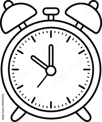 Simple black and white drawing of an old fashioned alarm clock