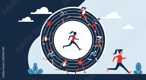 Athletic Competition Depicted With Runners On Track Circle Illustrative Composition