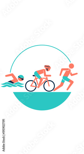 Athletic Competition Depicted: Swimming, Cycling, and Running in a Circular Illustration