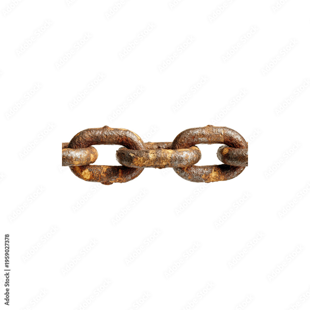 Fototapeta premium Rusty metal chain links with heavy corrosion industrial steel connection aged weathered texture isolated on white background