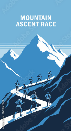 Athletic Mountaineers Compete in a Rigorous Mountain Ascent Race Against a Backdrop of Snowy Peaks