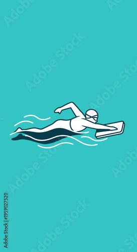 Athletic Swimmer Practicing Freestyle With Kickboard In Aqua Water