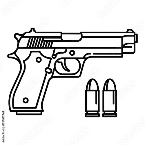 Handgun and bullets illustration in black line art style on white background icon