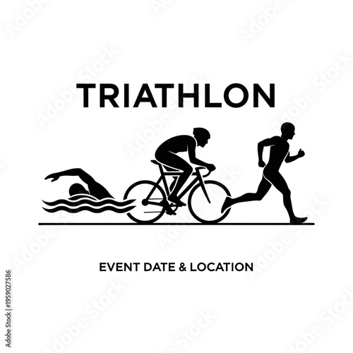 Athletic Triathlon Competition: Swimmer, Biker, and Runner in a Black and White Silhouette