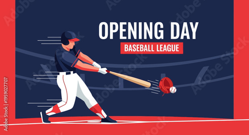 Baseball Season Opening Day Illustration With Player Striking a Ball During a Game