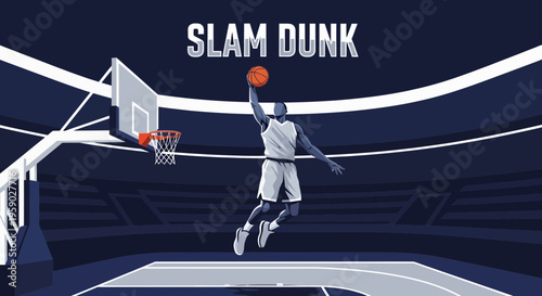 Basketball Action: A Dramatic Slam Dunk Depicted in Striking Vector Illustration