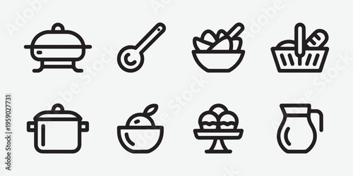 Black and white silhouette icons of kitchen utensils and food