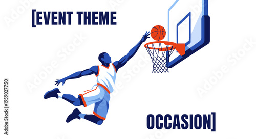 Basketball Action Illustration Depicting a Player's Slam Dunk with Dynamic Sports Imagery