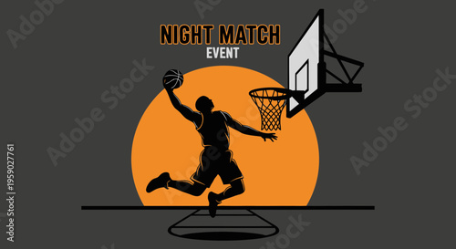 Basketball Action Silhouette Depicting a Night Match Event with Dramatic Sunset Backdrop