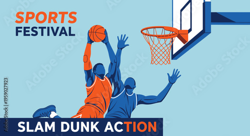Basketball Slam Dunk Illustration: Dynamic Sports Action for Festival Promotion Display