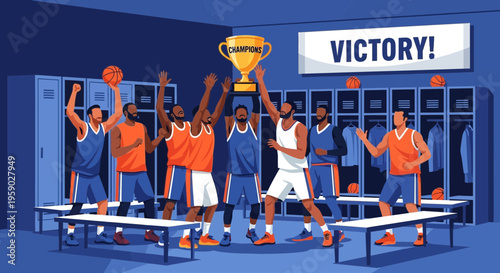 Basketball Team Celebrates Championship Victory With Trophy In Locker Room