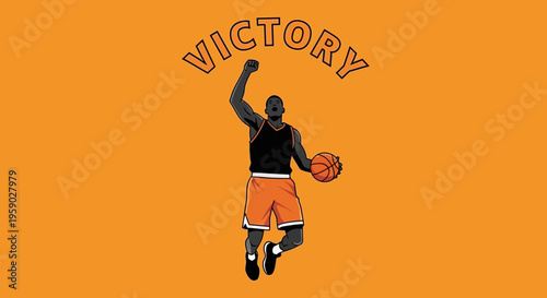 Basketball Player Celebrates Victory With Ball in Hand Against a Vivid Orange Backdrop