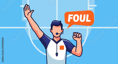 Basketball Referee Signaling Foul With Speech Bubble Over Court Illustration