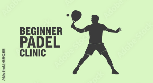 Beginner Padel Clinic: Sport Silhouette Illustration With Ball And Racket, Green Background