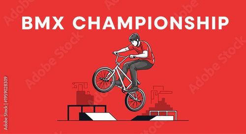 BMX Championship Illustration Depicting a Rider Performing a Stunt on a Bicycle with Red Background