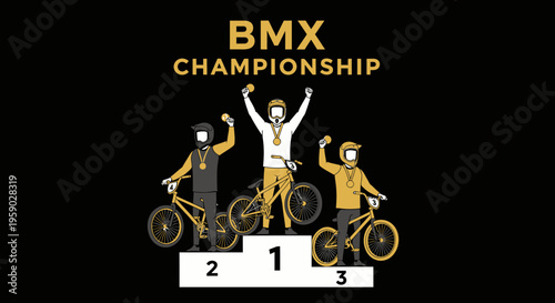 BMX Championship Illustration Of Winners And Podium, Bicycle Race Competition, Graphic Design