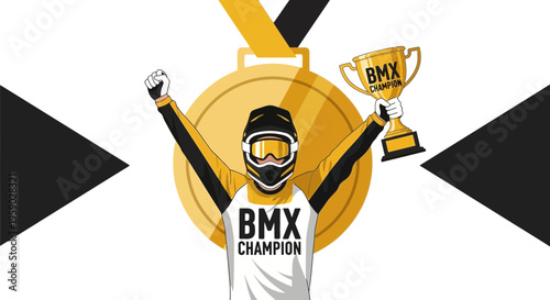Bmx Champion Holding Trophy And Medal With Hands Raised High