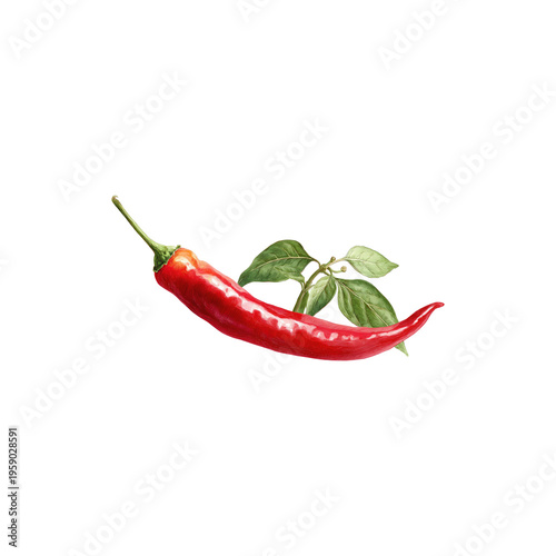 Fresh red chili pepper with green leaves spicy vegetable ingredient natural organic food hot flavor cooking element isolated on white background