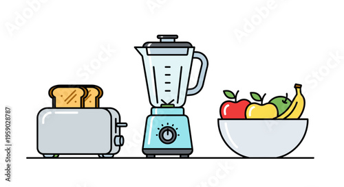Kitchen appliances and fresh fruit displayed on white background