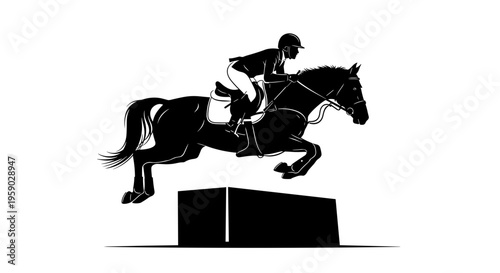 Equestrian rider jumping over obstacle in silhouette dynamic action shot