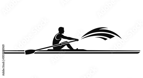 Silhouette of a single rower in a boat with oar and water splash