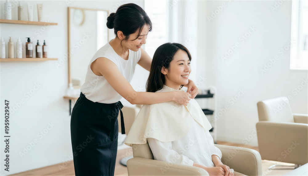 Obraz premium 美容室で女性客にカットクロスを着せる女性美容師