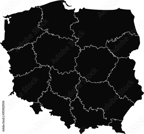 Poland map silhouette with administrative divisions highlighting regional boundaries, geographic structure, and political layout, representing European country cartography and national territorial 