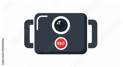 A dark grey body camera icon with a central lens and a red recording button is centered on a plain white background in a flat style.