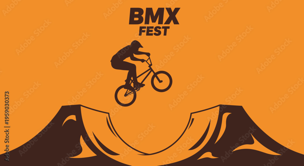Naklejka premium BMX Fest Silhouette Rider Performing Extreme Jump Over Ramp Event Poster