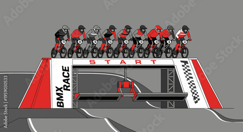 BMX Race Ready To Start On Starting Gate With Racers Lined Up For Competition