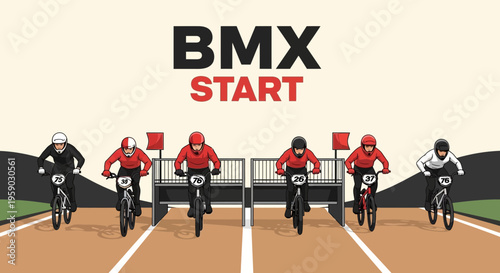 BMX Race Start Line Athletes Ready To Compete On Track