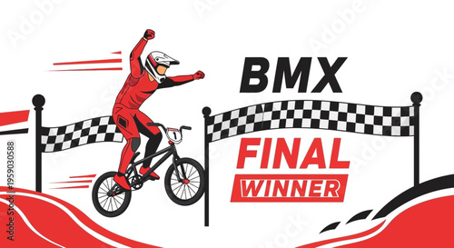 BMX Rider Celebrates Victory Crossing Finish Line After Intense Race